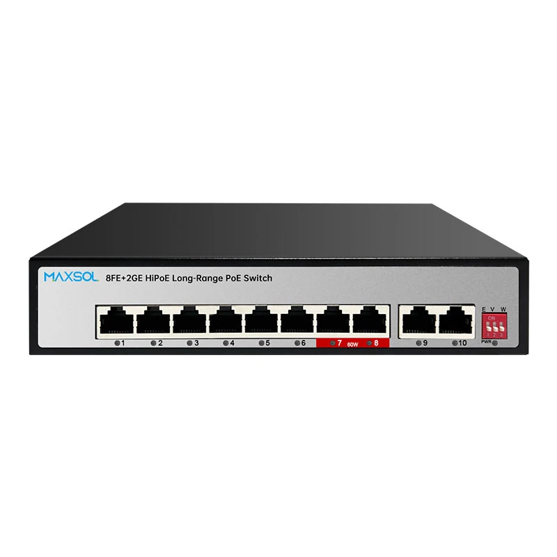 8-poorts Hi-PoE-switch, bereik tot 300 m, 2GE-uplinks