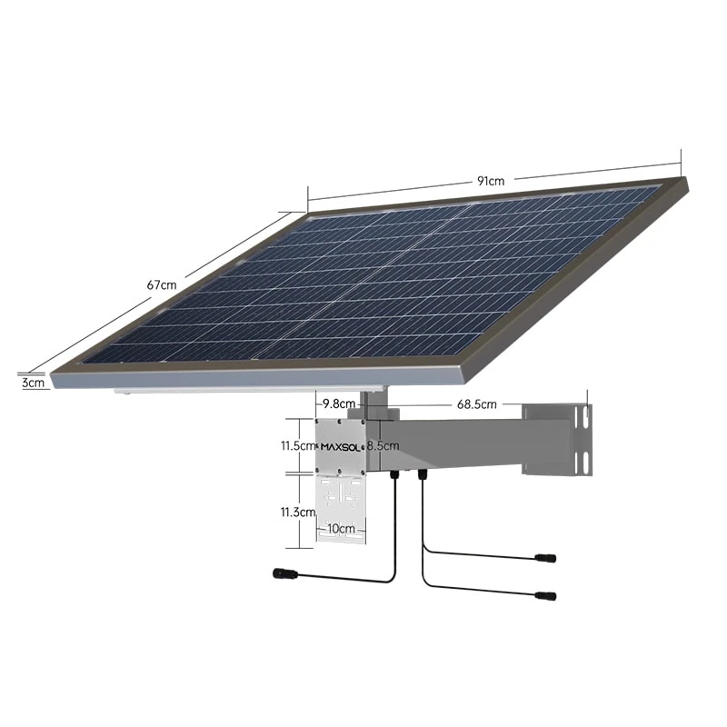 Productweergave van het Maxsol CS12060-zonnesysteem met 120W-zonnepaneel en behuizing voor de LiFePO4-accu