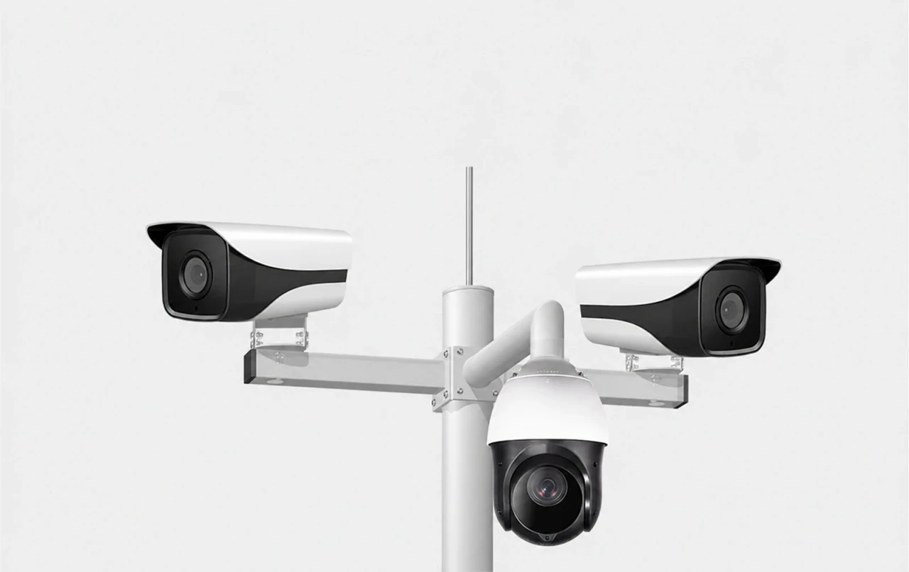 Bevestigingsarmen aan vier zijden met twee bulletcamera's en een PTZ-camera