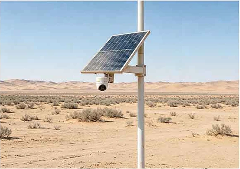 Bewakingssysteem op zonne-energie geïnstalleerd in een woestijnomgeving