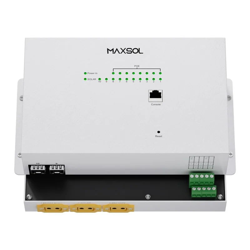 Maxsol industriële PoE-switch met aansluitingen voor netwerk-, voedings- en glasvezelverbindingen