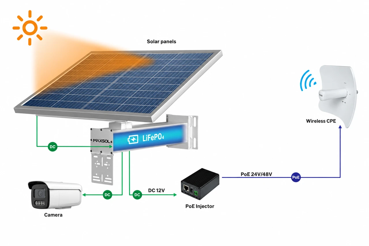 Volledige systeemarchitectuur met zonnevoeding, camera, PoE-injector en draadloze CPE