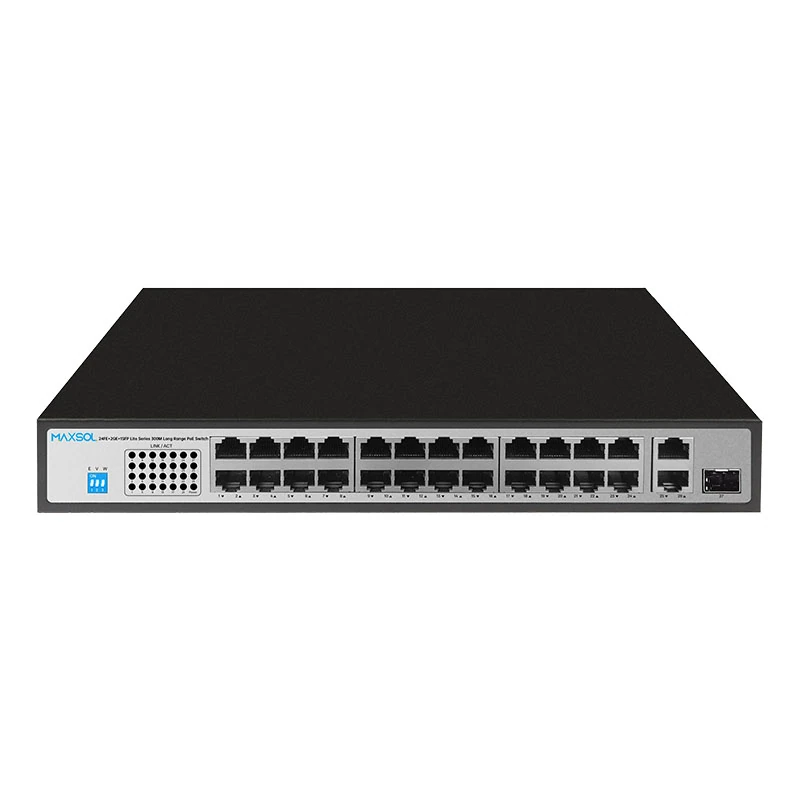 24-poorts Fast-Ethernet-PoE+-switch met Gigabit-uplinks