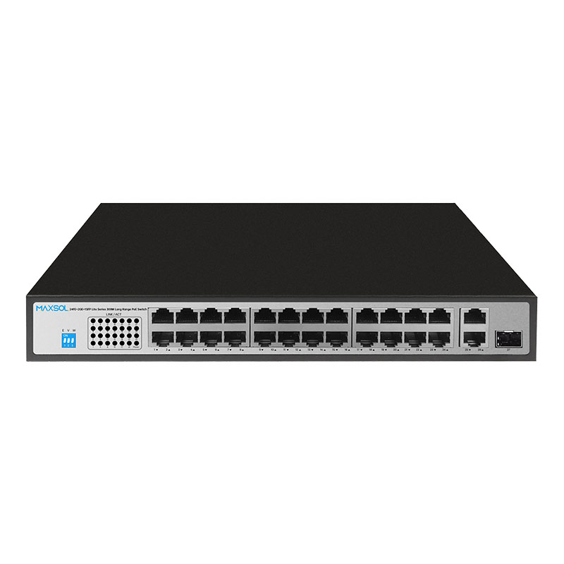 24-poorts Fast-Ethernet-PoE+-switch met Gigabit-uplinks