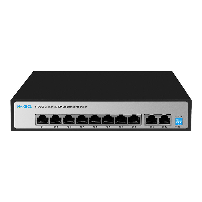 8-poorts PoE+-switch met groot bereik en 2GE-uplinks